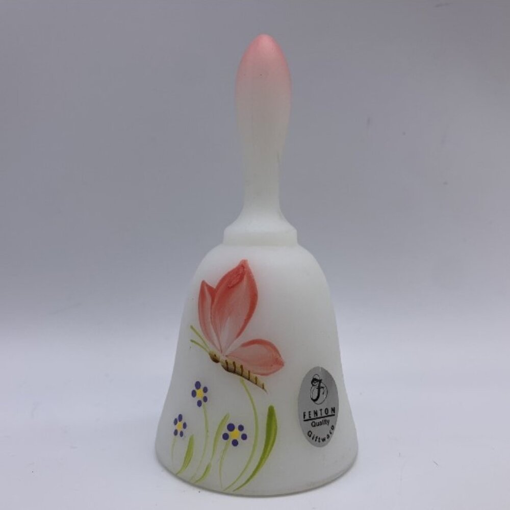 Fenton Hand Painted Glass Bell Butterfly Flowers Signed S. Waters